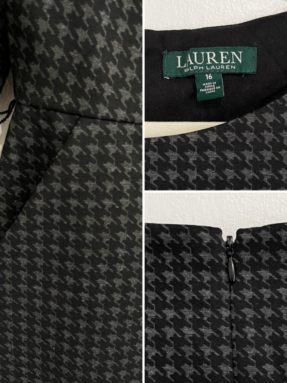 Lauren Ralph Lauren Houndstooth 3/4 Sleeve Sheath Dress Gray Black Women's Sz 16 - Picture 5 of 6